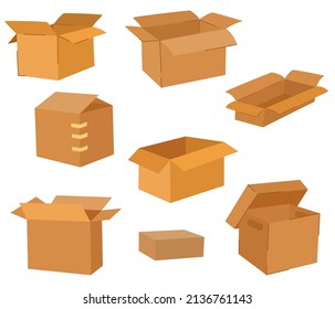 Cajas de cartón establecidas. Entrega y envasado. Transporte, entrega. Ilustraciones vectoriales dibujadas a mano aisladas en el fondo blanco. 