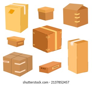 Cardboard boxes set. Delivery and packaging. Transport, delivery. Hand drawn vector illustrations isolated on the white background.