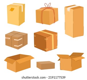 Cardboard boxes set. Delivery and packaging. Transport, delivery. Hand drawn vector illustrations isolated on the white background.