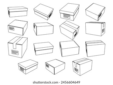 Cardboard boxes set for delivery and storage. Isolated carton crates collection with various angles and point of view.