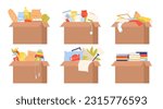 Cardboard boxes set with humanitarian aid vector illustration. Cartoon isolated charity boxes full of food and medicines, books and toys for kids, clothes
