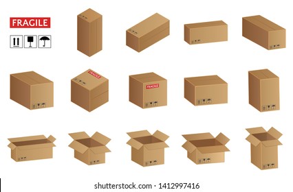 Cardboard boxes set of icons, packaging vector illustration