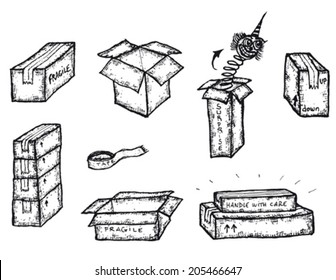 Cardboard boxes Set/ Illustration of a set of doodle hand drawn cardboard boxes
