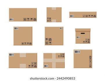 Cardboard boxes set isolated on white. Carton delivery packaging closed, sealed, cubic, big and small box with fragile signs. Vector illustration in flat style