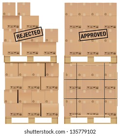 Cardboard boxes set on a wooden pallet, with examples of poor stacking and a good stack of boxes.