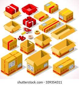 Cardboard Boxes Set Opened Closed Sealed with Tape Dispenser Big or Small Delivery Format. Vector Flat Style Isolated on White Background. Delivery Object Infographic for Holiday Gift Package