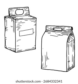 Cardboard boxes, sketch. Vector illustration. Packaging for juice, milk and bulk products is isolated on white background. Concept of kitchen, cooking, shopping in the store and storage of products