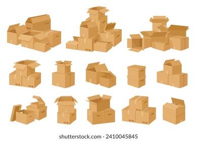 Cardboard boxes stack. Carton delivery packages pile, warehouse storage parcels, stacked cargo shipping cardboard boxes flat vector illustration set. Parcels pile collection