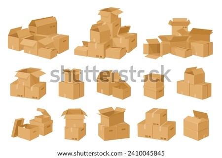 Cardboard boxes stack. Carton delivery packages pile, warehouse storage parcels, stacked cargo shipping cardboard boxes flat vector illustration set. Parcels pile collection