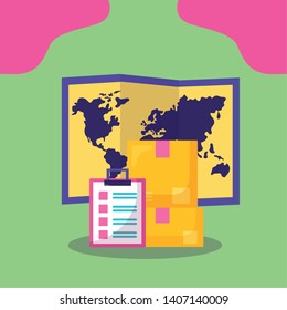cardboard boxes stack clipboard map fast delivery business vector illustration
