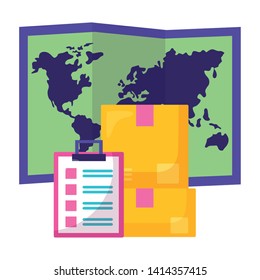 cardboard boxes stack clipboard map fast delivery business vector illustration