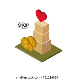 cardboard boxes stack with coins and heart on top over green floor colorful poster isometric shop online vector illustration