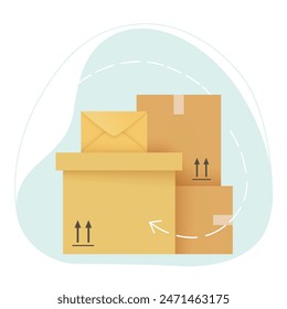 Cardboard boxes stack for moving in, unpacking. Minimal flat design of 4 yellow closed sealed boxes with shipping tags, blue abstract background