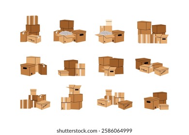 Cardboard boxes. Stacked box piles. Cargo warehouse stack. Delivery and moving container. Hand drawn package heap, carton mailboxes. Parcel cartoon flat isolated vector illustration composition set