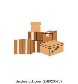 Cardboard boxes. Stacked box piles. Cargo warehouse stack. Delivery and moving container. Hand drawn package heap, carton mailboxes. Parcel cartoon flat isolated vector illustration composition set