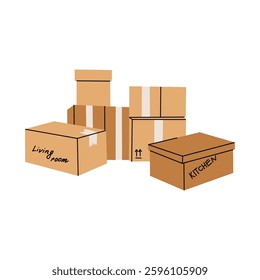 Cardboard boxes. Stacked box piles. Cargo warehouse stack. Delivery and moving container. Hand drawn package heap, carton mailboxes. Parcel cartoon flat isolated vector illustration composition set