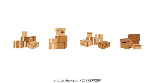 Cardboard boxes. Stacked box piles. Cargo warehouse stack. Delivery and moving container. Hand drawn package heap, carton mailboxes. Parcel cartoon flat isolated vector illustration composition set