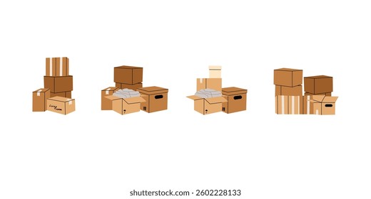 Cardboard boxes. Stacked box piles. Cargo warehouse stack. Delivery and moving container. Hand drawn package heap, carton mailboxes. Parcel cartoon flat isolated vector illustration composition set