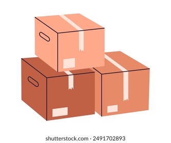 Cardboard boxes. Stacked cargo boxes, packages pile, warehouse box stack flat vector illustration. Hand drawn moving or delivery concept