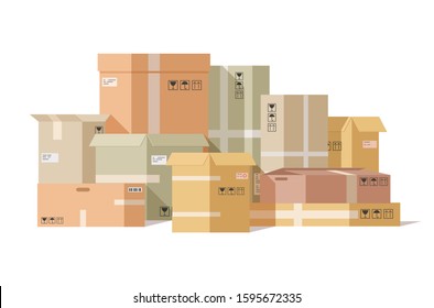 Cardboard boxes stacked. Carton box, pile fragile parcels. Warehouse shipping cargo packaging. Delivery paper package vector illustration