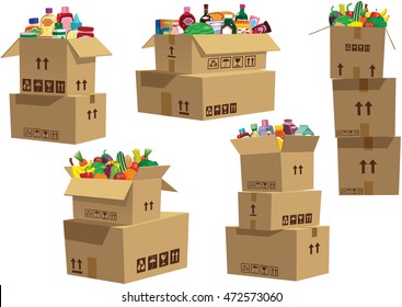 Cardboard boxes stacked with goods.