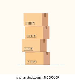 Cardboard boxes stacked on each other, on white background, isolated. Vector, illustration, flat