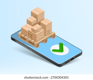 Cajas de cartón apiladas en una plataforma. En la pantalla de un smartphone. Vista isométrica. Ilustración vectorial.