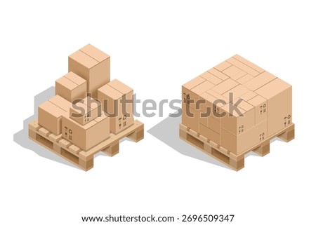 Cardboard boxes stacked on a pallet. Isometric view isolated on a white background. Vector illustration.