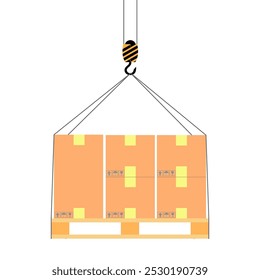 Las cajas de cartón apiladas en palés se mueven con una grúa. Gancho de grúa, objetos en movimiento, polea, ilustración, carga pesada, cabestrillo, Imagen plana, línea de tira. Vector