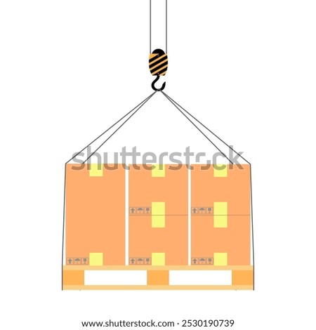 Cardboard boxes stacked on pallets are being moved using a crane. Crane hook, moving objects, pulley, illustration, heavy load, sling, flat image, strip line. Vector