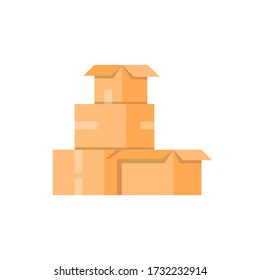 Cardboard boxes stacked on top of each other, pasted with tape, open. Vector illustration, flat cartoon design, eps 10.