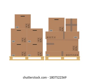 Cardboard boxes stacked on wooden pallet. Vector illustration.