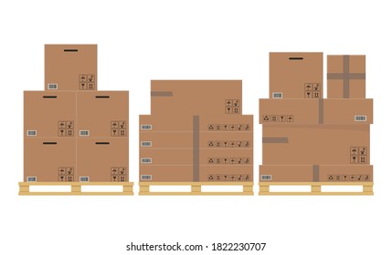 Cardboard boxes stacked on wooden pallet. Vector illustration.