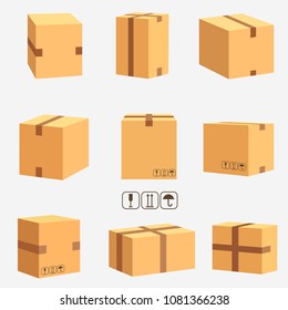 Cardboard boxes, stacked sealed goods. Parcel packaging and Delivery, Carton box set. Vector