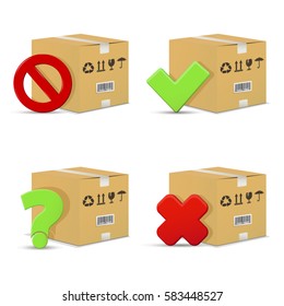 Cardboard boxes with stop and question signs, wrong and right check marks. Isolated on white background.