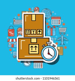 cardboard boxes stopwatch logistic and delivery