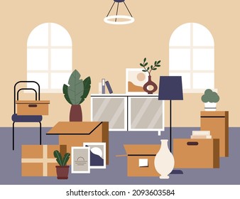 Cardboard boxes with stuff, books, houseplants and other household items. Relocation concept. Moving to new home. Flat cartoon vector illustration