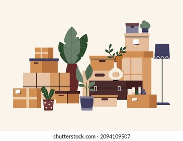 Cardboard boxes with stuff, books, houseplants and other household items. Relocation concept. Moving to new home or office. Pile of wrapped carton boxes. Isolated flat vector illustration