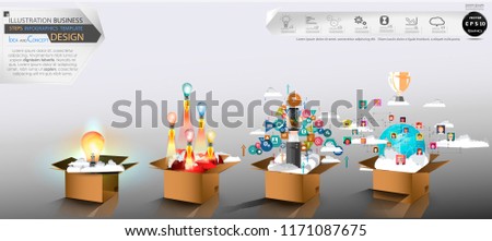 Cardboard boxes for success -  Light bulb, Cellphone in right hand Businessman,Icon, Geometry Colorful,Cloud,Earth,trophy, Group community People,Business man and Lady.