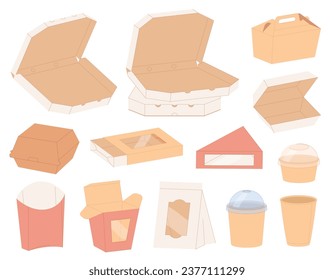 Cardboard boxes for takeaway food. Ecological packaging that does not harm nature. Disposable portion containers for meals. Secondary recycling of packaging. Vector illustration