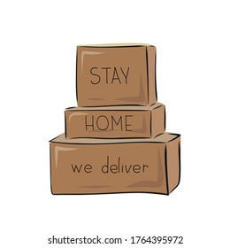 Cardboard boxes with the text Stay home, we deliver. Prevention of coronavirus. Vector illustration, hand-drawing in sketch style