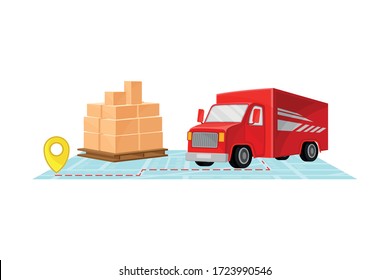 Pappboxen und Lkw mit Vektorgrafik Karte und Zielort