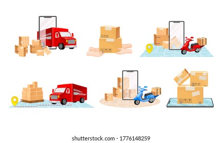 Cardboard Boxes, Truck and Map as Navigation Vector Illustrations Set