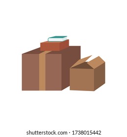 Cajas de cartón con varias cosas, libros. Ilustración aislada del vector de color dibujado a mano. Estilo de caricatura, diseño de moda.