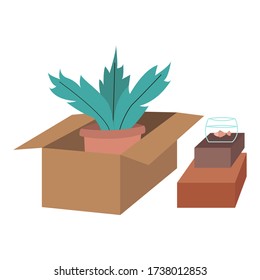 Cardboard boxes with various things, a vase with a flower, an aquarium of goldfish. Hand drawn colored vector isolated illustration. Cartoon style, fashionable design.