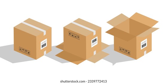 Cardboard boxes vector illustration. Carton delivery packaging open and closed box with fragile signs. Cardboard box mockup set. Cardboard box mockup set from side, front and top view vector.