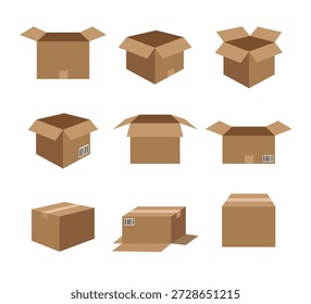 Set de Ilustración vectorial de cajas de cartón con nueve cajas de cartón marrón. Incluye cajas abiertas y cerradas en diferentes ángulos, con vistas frontales y laterales en un estilo gráfico mínimo.