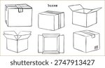 Cardboard boxes vector set - one line drawing style. Hand drawn minimal open and closed parcel boxes: packing, moving, shipping, delivery. Simple outline illustrations isolated, transparent background