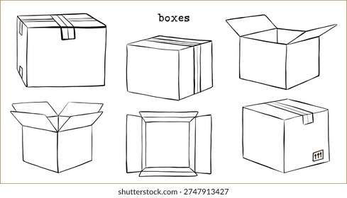 Cardboard boxes vector set - one line drawing style. Hand drawn minimal open and closed parcel boxes: packing, moving, shipping, delivery. Simple outline illustrations isolated, transparent background