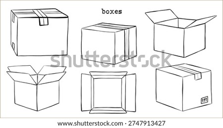 Cardboard boxes vector set - one line drawing style. Hand drawn minimal open and closed parcel boxes: packing, moving, shipping, delivery. Simple outline illustrations isolated, transparent background